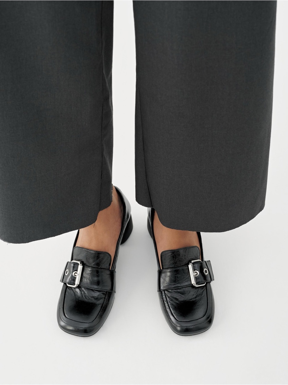 Vagabond Black Leather Block Heel Loafer with Silver Buckle Accent - Picture 2 of 6